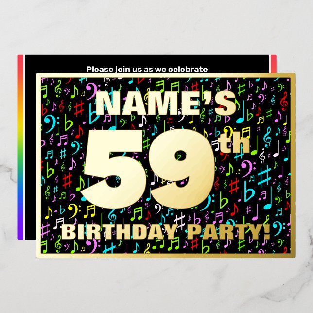 59th Birthday Party — Fun, Colorful Music Symbols Foil Invitation (Front/Back)
