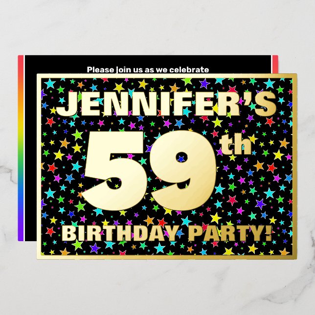 59th Birthday Party — Fun, Colorful Stars Pattern Foil Invitation (Front/Back)