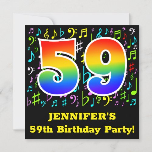 59th Birthday Party Fun Music Symbols Rainbow 59 Invitation