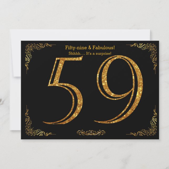 59th Birthday party,Gatsby styl,black gold glitter Invitation (Front)