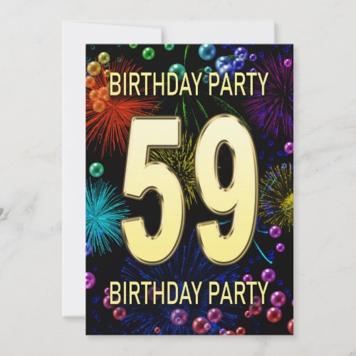 59th Birthday Party Invitation Fireworks Bubbles