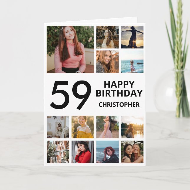 59th Birthday Photo Collage 13 Photos Black White Card (Front)