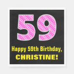[ Thumbnail: 59th Birthday: Pink Stripes and Hearts "59" + Name Napkins ]
