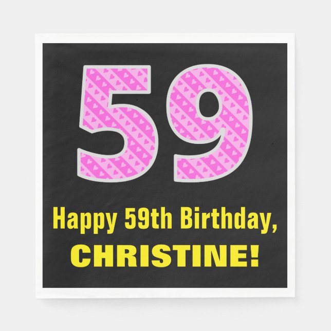 59th Birthday: Pink Stripes and Hearts "59" + Name Napkins (Front)
