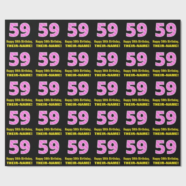 59th Birthday: Pink Stripes and Hearts "59" + Name Wrapping Paper (Flat)