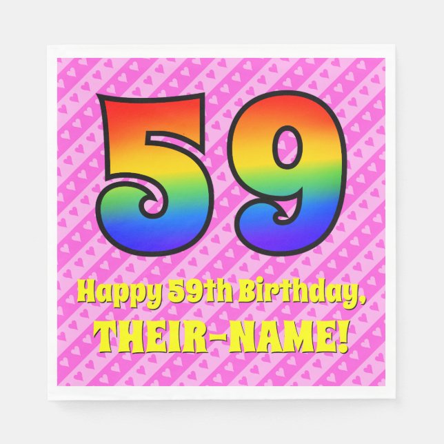 59th Birthday: Pink Stripes & Hearts, Rainbow # 59 Napkins (Front)