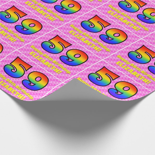 59th Birthday: Pink Stripes & Hearts, Rainbow # 59 Wrapping Paper (Corner)
