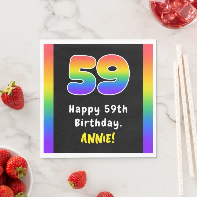 59th Birthday: Rainbow Spectrum # 59, Custom Name Napkins (Insitu)