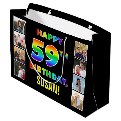 59th Birthday Rainbow Text Custom Photos  Name Large Gift Bag