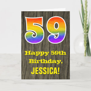 59th Birthday: Rustic Faux Wood Look, Rainbow "59" Card