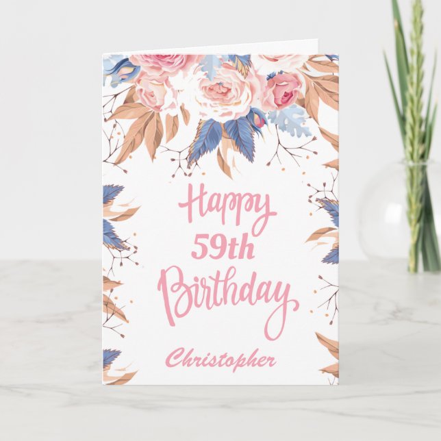 59th Birthday Watercolor Botanical Pink Floral Card (Front)