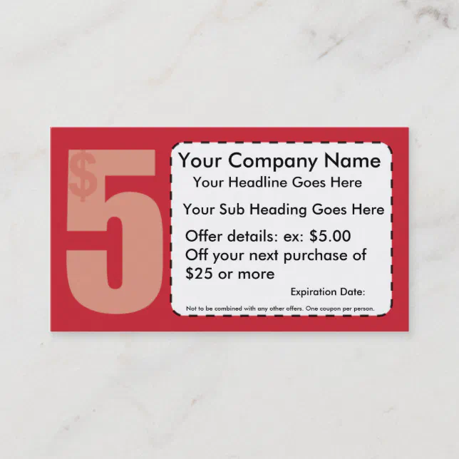 $5.00 Off Coupon Business Card | Zazzle