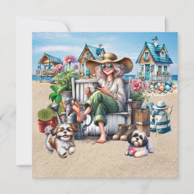 5.25 Pretty Senior Beach Lady  Note Card (Front)