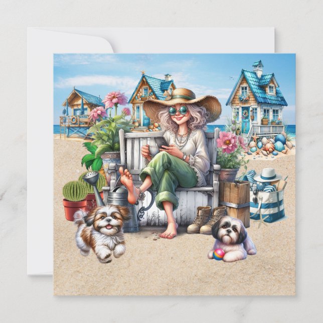 5.25 Pretty Senior Beach Lady  Note Card (Front)