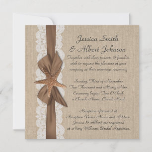 5.25"x 5.25" Elegant Burlap Ribbon Starfish Invite