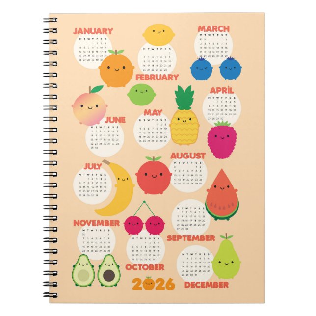 5 A Day Kawaii Fruits 2026 Calendar Notebook (Front)