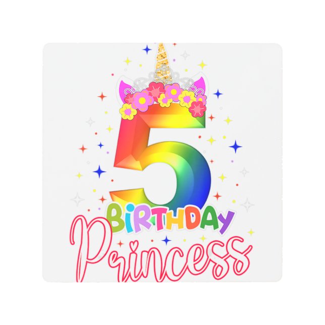 5 Birthday Princess Unicorn 5 Years Old 5th Birthd Metal Print (Front)