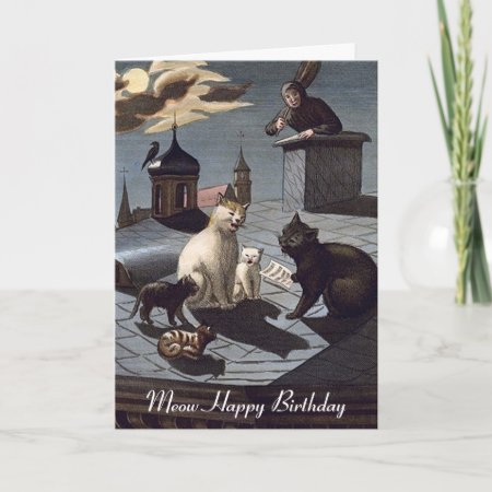 5 Cats Singing On A Roof At Night Birthday Card