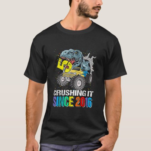 5 Crushing It Since 2016 Monster Truck Dinosaur  T_Shirt