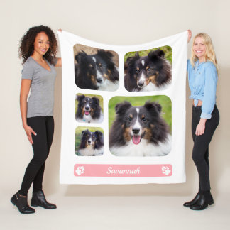5 Custom Photos Collage Template With Name On Pink Fleece Blanket