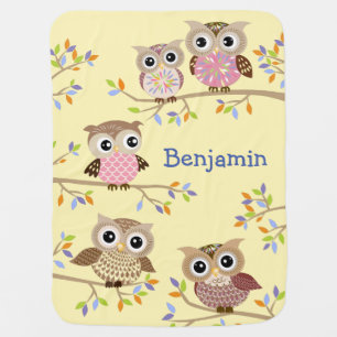 5 Cute Owls on Branches Baby Blanket