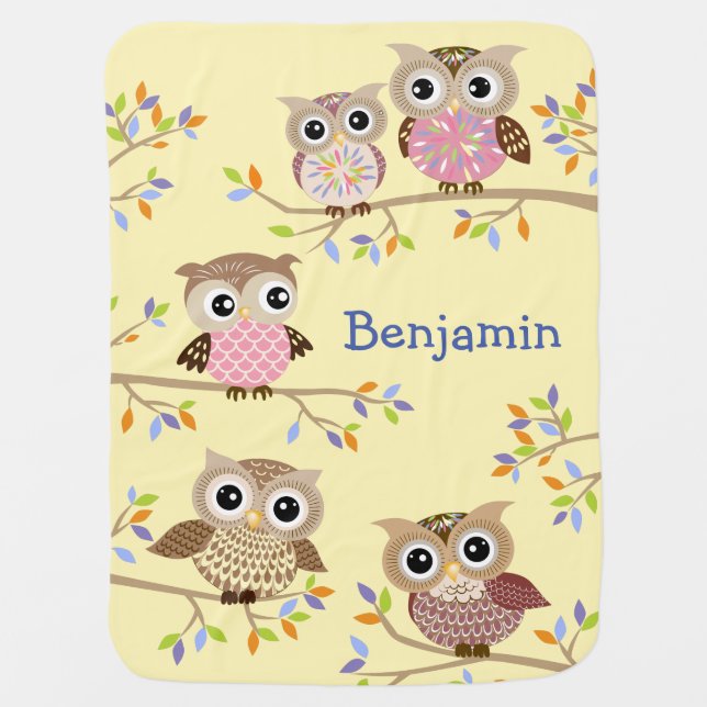 5 Cute Owls on Branches Baby Blanket (Front)