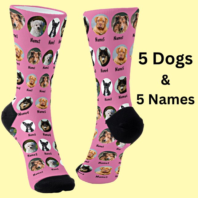 5 Dogs, 5 Names, Dog Photo - Personalized Pink Socks (Creator Uploaded)