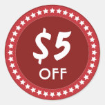5 Dollar Off Sales Discount Red Sticker at Zazzle