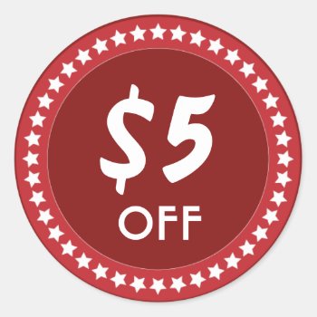 5 Dollar Off Sales Discount Red Sticker by fotoplus at Zazzle