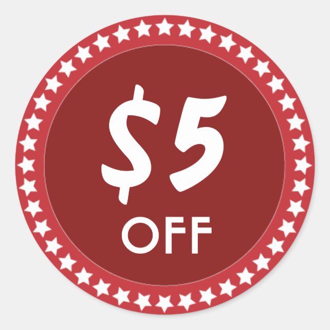 5 Dollar OFF Sales Discount Red Sticker (Front)