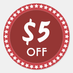 5 Dollar OFF Sales Discount Red Sticker