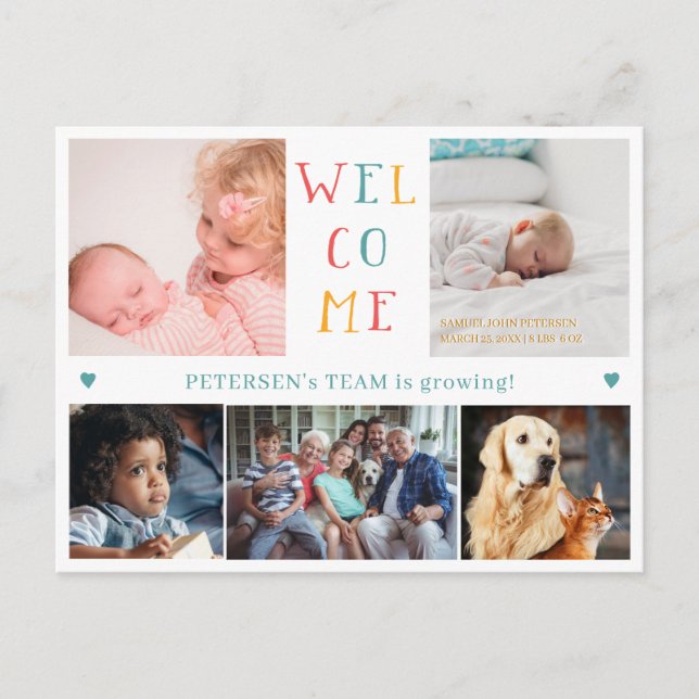 5 family photo collage WELCOME new baby birth Announcement Postcard (Front)