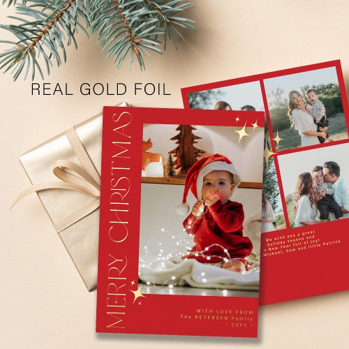 5 family photos Merry Christmas red gold Foil Holiday Card