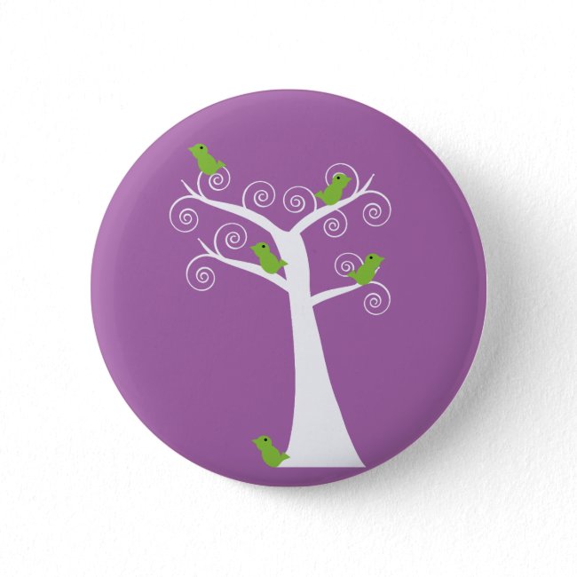 5 Green Birds in a Tree Purple Pin Button