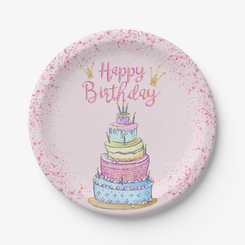5 Layer Modern Girly Birthday Cake and Confetti Paper Plates