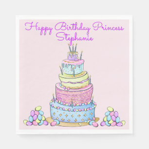5-Layer Modern Girly Birthday Cake with Candles Napkins