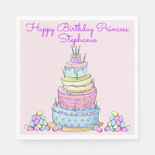 5_Layer Modern Girly Birthday Cake with Candles Napkins