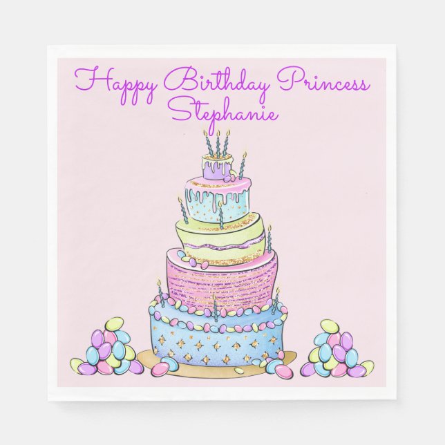 5-Layer Modern Girly Birthday Cake with Candles Napkins (Front)