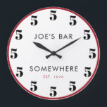 5 O'clock Somewhere Custom Bar Happy Hour Large Clock<br><div class="desc">Great 50th Birthday gift! This classic "It's 5 o'clock somewhere" clock has a sense of humor! This funny white clock with red can be easily customized for your bar room or gift for a friend. White clock with black numbers. Add a name and date. Would make a funny house warming...</div>