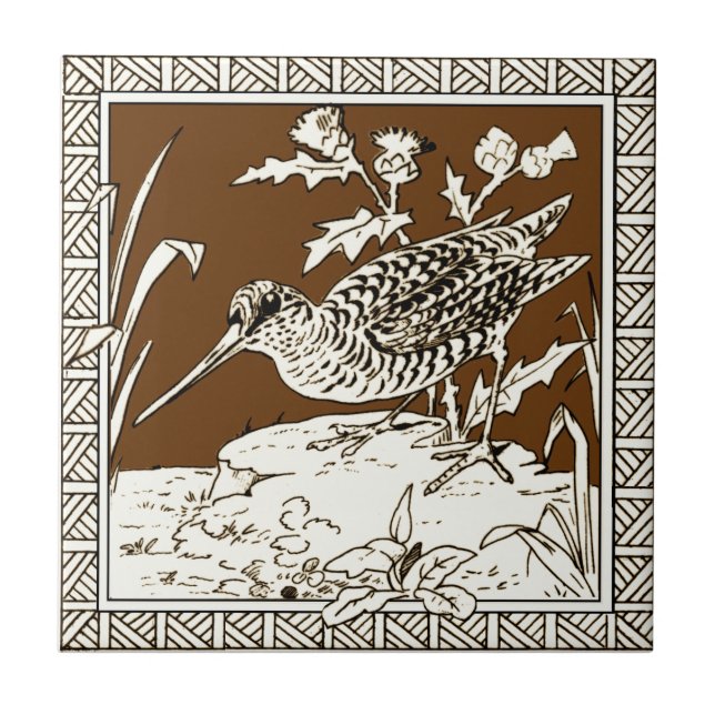 #5 of 12 Repro 1880s Minton Mocha Bird Series Ceramic Tile (Front)