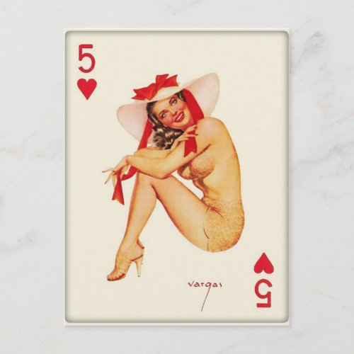 5 of Hearts   Vintage pin up girl  Postcard