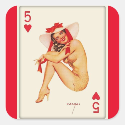 5 of Hearts  Vintage Pin up girl Square Stickers