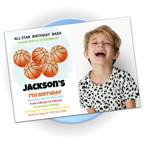 5 Orange Basketball Birthday Invitations w photo