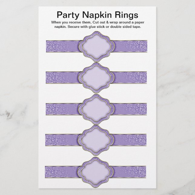 5 per sheet Purple Ribbon Paper Napkin Rings (Front)