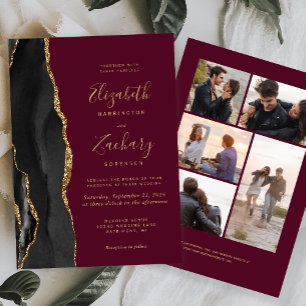 5-Photo Black Gold Agate Burgundy Wedding Invitation
