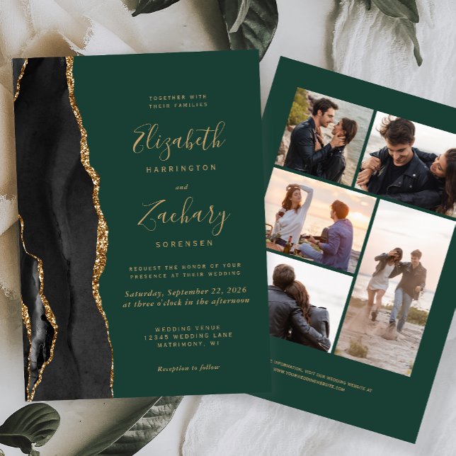 5-Photo Black Gold Agate Dark Green Wedding Invitation (Creator Uploaded)