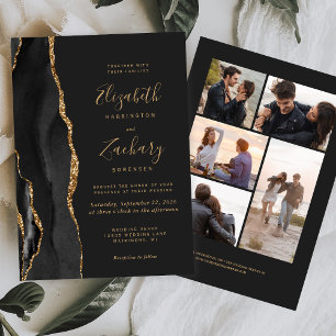 5-Photo Black Gold Agate Dark Wedding Invitation