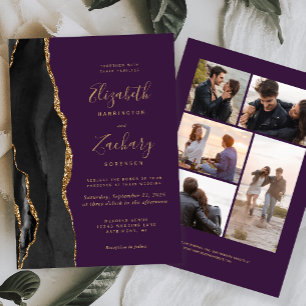 5-Photo Black Gold Agate Purple Wedding Invitation
