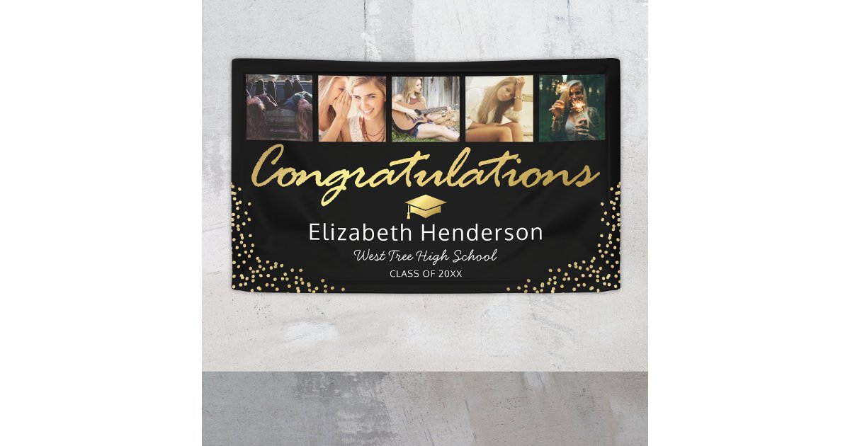 5 Photo Black Gold Graduation Party Banner | Zazzle