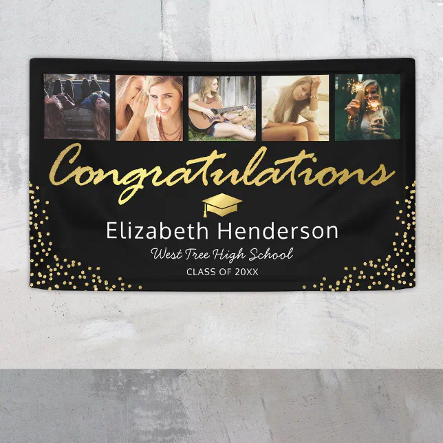 5 Photo Black Gold Graduation Party Banner | Zazzle